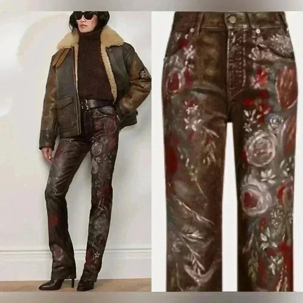 Ralph Lauren Collection Hand Painted Floral Metallic Straight Bootcut Jeans 29